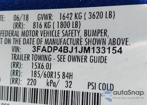 2018 Ford Fiesta Se z USA, uszkodzony, nr VIN 3FADP4BJ1JM133154